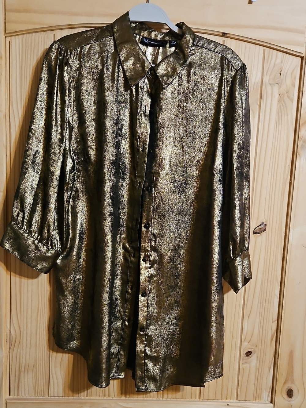 New York & Company Shimmery Gold Button-Down Blouse - Picture 1 of 1